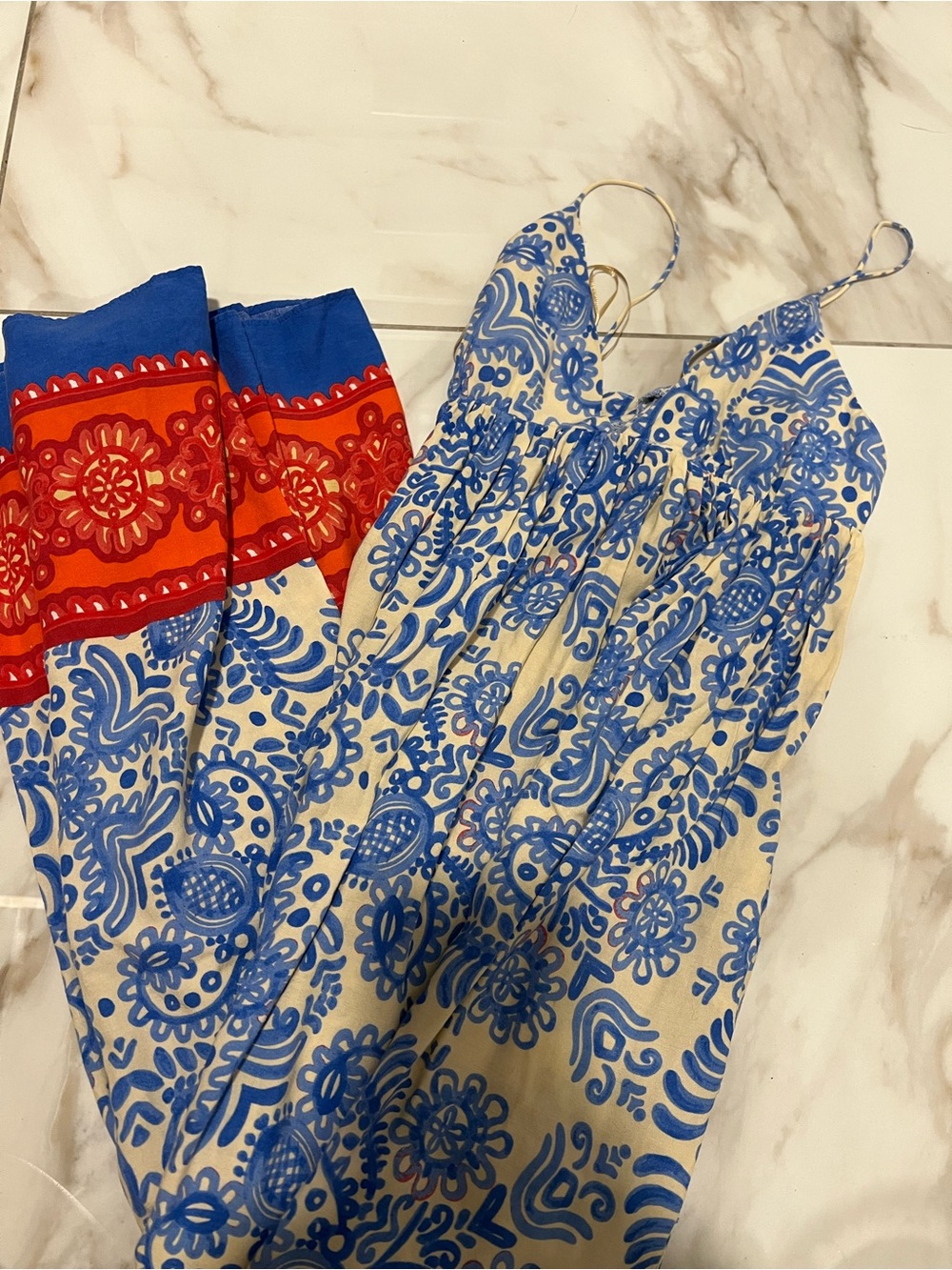 Zara Blue and White Floral Paisley Maxi Dress with Red Border